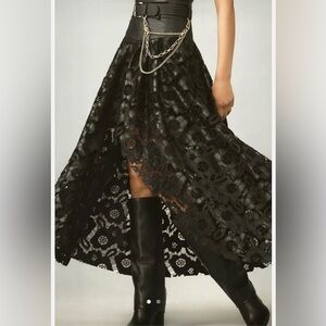 Anthropologie Faux Leather Cutwork High Low Maxi Skirt Tulle Ruffle Lined Black